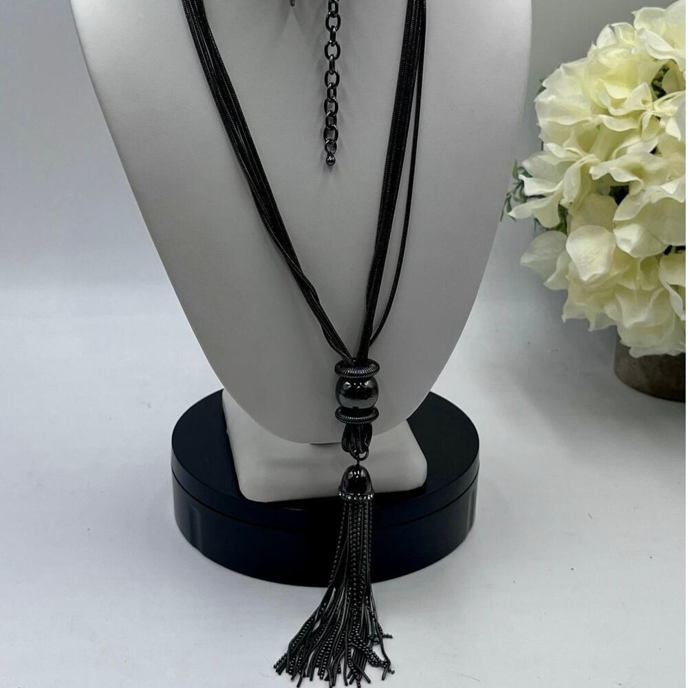 Vintage Joan‎ Rivers Polished Tassel Gunmetal Gray Sparkling Crystals Necklace